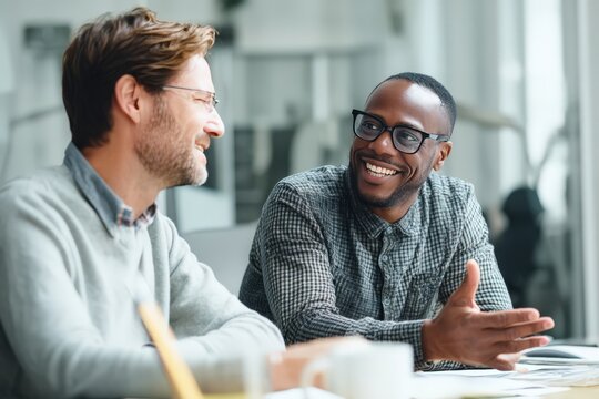 Two men are standing next to each other in front of a laptop