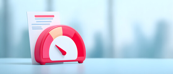 A red gauge meter with a needle pointing to the left sits in front of a blurred document with colorful text, symbolizing measurement or performance evaluation.