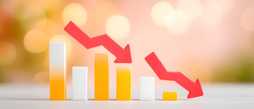 A 3D bar graph with a red downward arrow highlights a decrease in data or performance, set against a soft, blurred background with warm tones.