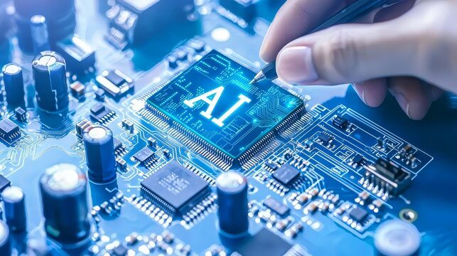 Intricate closeup person examining microchip exploring the complexities of modern semiconductor technology