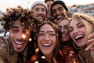 Young people pose for a picture with confetti falling