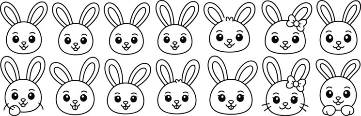 Collection of cute cartoon bunny faces, various expressions, black and white drawings, adorable rabbit heads with big eyes, isolated on clean background, perfect for kids and Easter designs