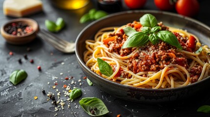 An appetizing plate of spaghetti topped with flavorful meat sauce and fresh basil leaves, showcasing culinary artistry and the mouth-watering appeal of Italian cuisine.