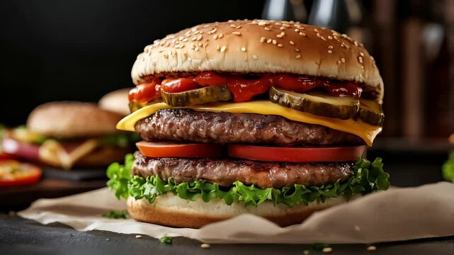 hamburger with lots of ingredients on dark background