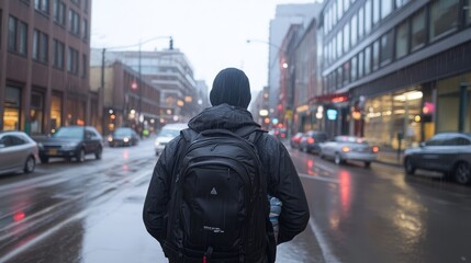 Urban exploration journey through city streets with backpack and tranquil vibes