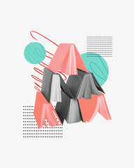 Graphic composition. Open books arranged in pyramid shape, with colorful covers, symbolizing collective knowledge and academic structure. Concept of education, structure, teamwork, books.