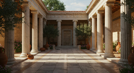 Ancient Courtyard with Olive Tree and Terracotta Pots at Sunset