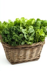 Naklejka premium Fresh Green Leafy Vegetables in Basket for Healthy Cooking