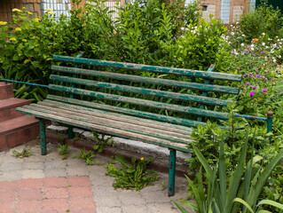 Wooden bench standing in the middle of the flower garden