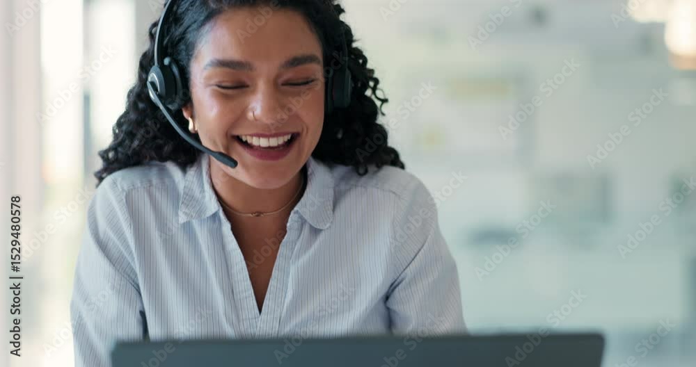 Poster conversation, headset and laptop with woman in call center for communication, feedback or support. a