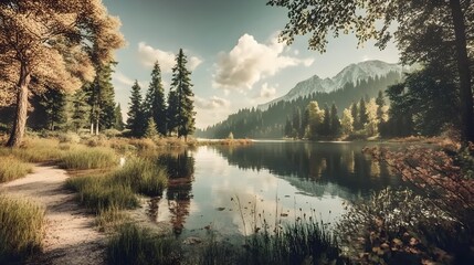 Fototapeta premium Reflections on the Lake A Serene Natural Landscape