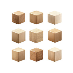 Nine Wooden Cubes Showing Different Wood Grain Textures and Colors
