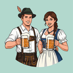 Traditional Bavarian couple wearing lederhosen and dirndl celebrating Oktoberfest