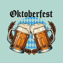 Traditional Bavarian couple wearing lederhosen and dirndl celebrating Oktoberfest