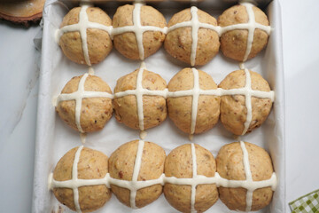 Freshly Piped Crosses Zesty Hot Cross Buns