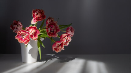 beautiful tulips in vase on gray background