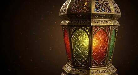 Close up of an ornate lantern with colorful glass panels against a dark brown background