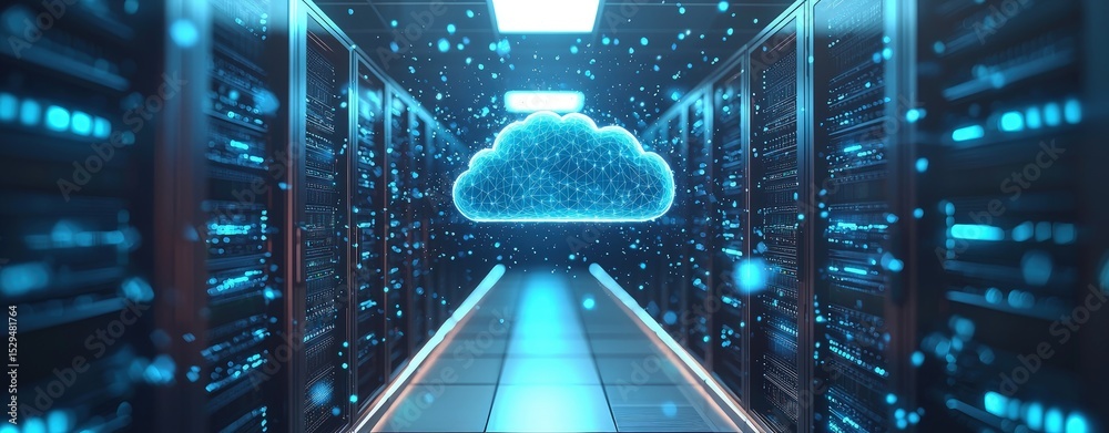 Fototapete Futuristic server room with glowing blue wireframe cloud icon and floating particles, ideal for cloud computing, digital storage, and advanced network infrastructure visuals