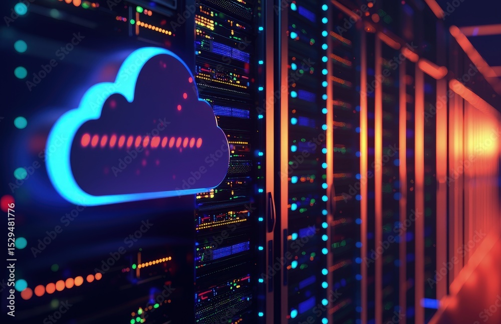Aufkleber Glowing blue cloud icon beside vibrant server racks with multicolored lights in a high-tech data center, perfect for illustrating cloud infrastructure, hosting, and digital network concepts
