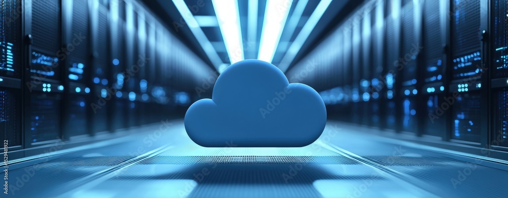 Poster 3D cloud icon floating in a futuristic data center corridor with glowing blue lights and high-tech server racks, ideal for cloud computing, IT infrastructure, or cybersecurity visuals