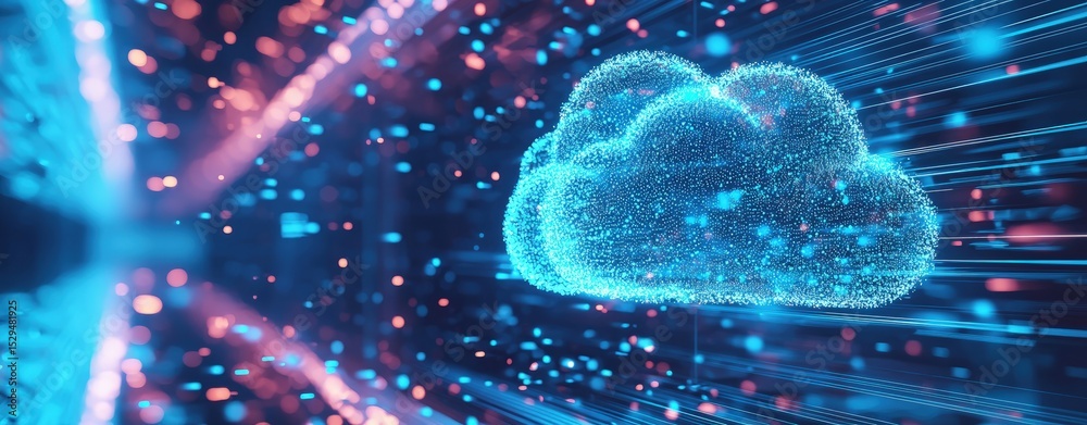 Leinwandbilder Digital particle cloud in motion inside a futuristic data center environment, representing cloud computing, data transmission, or network technology with glowing neon particles and vibrant colors