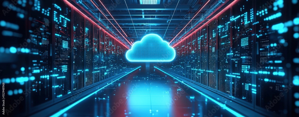 Aufkleber Futuristic server room with glowing blue cloud icon and digital interface elements, representing cloud computing, secure data infrastructure, and advanced networking technology