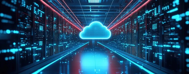 Futuristic server room with glowing blue cloud icon and digital interface elements, representing cloud computing, secure data infrastructure, and advanced networking technology