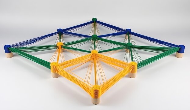 Colorful network of threads connected to wooden posts