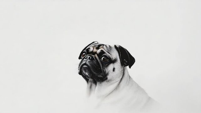 Monochrome portrait series of a pug dog against a clean, minimalist background