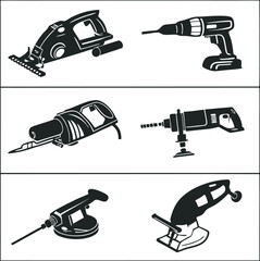 This collection of black and white silhouette images features various hand tools,