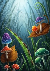 Magical scene with colorful mushrooms spider web