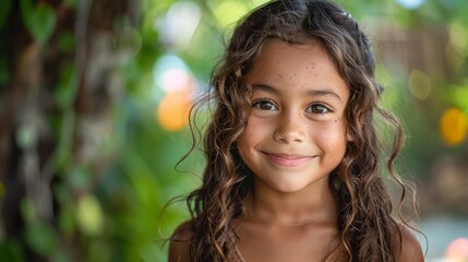 Fototapeta premium A joyful young girl with curly hair and freckles smiles brightly against a vibrant green backdrop, showcasing the beauty of youth and nature's wonder in harmony.