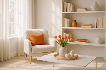 Cozy and modern reading nook with vibrant oranges, soft seating, and peaceful ambiance
