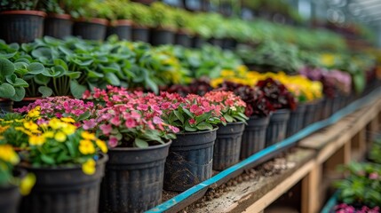 A beautiful display of vibrant flowering plants showcased in pots reveals a rich assortment of colors, highlighting the artistry of nature and the joy of gardening.