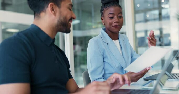 Collaboration, documents and explain with business people in office for investment report or review. Finance, laptop and paperwork with employee team at desk in workplace for portfolio management