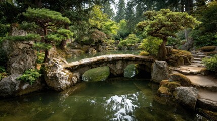 Serene Japanese Garden Landscape with Stone Bridge and Pond Reflection