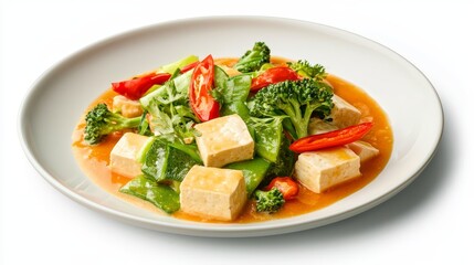 Delicious tofu with broccoli healthy and flavorful meal on white plate