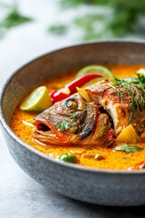 Flavorful fish soup with herbs and citrus in a rustic bowl