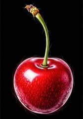 Red cherry with stem on black background