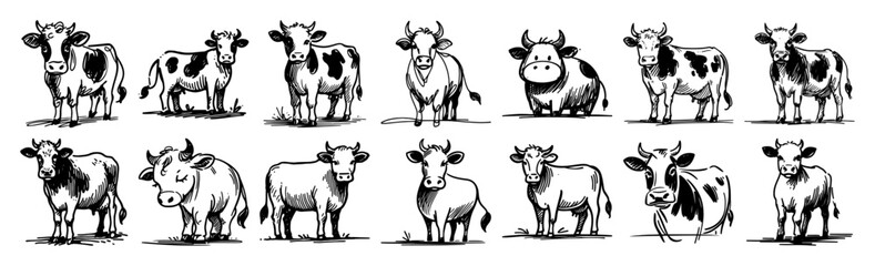 hand drawn farm cow vector icon set