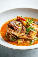 Delicious Whole Fish Dish with Colorful Sauce and Garnishes