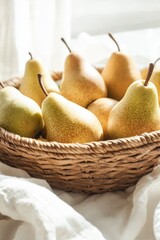 Fresh Yellow Pears in a Woven Basket on a Light Background