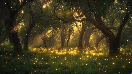 Fototapeta premium Magical Forest at Golden Hour with Glowing Fireflies