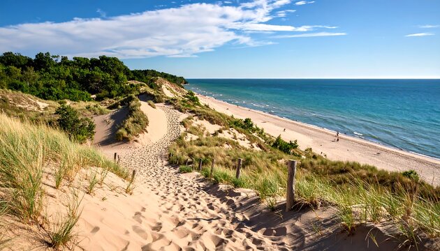 Sandy path to beach with dunes, and ocean.