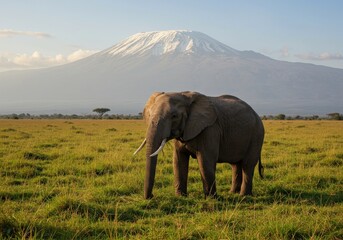 Fototapeta premium A majestic elephant roams the African plains with the towering Kilimanjaro mountain in the distance, capturing the raw beauty of wildlife and nature. Sunrise casts a golden glow.