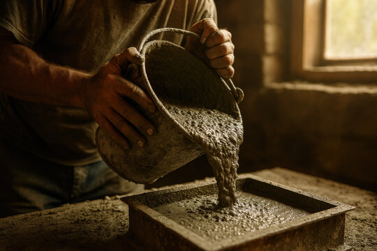 Worker pouring wet concrete mix from metal bucket into rectangular mold in sunlit construction site interior