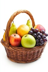 Fresh assorted fruits in a wicker basket on a white background