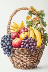 Vibrant Fruit Basket with Apples, Bananas, and Grapes for Still Life