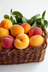 Fresh and Juicy Peaches in a Basket with Green Leaves