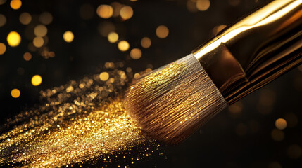 Fototapeta premium A brush coated in gold makeup streaks across the frame, its shimmer captured in a blur of elegance